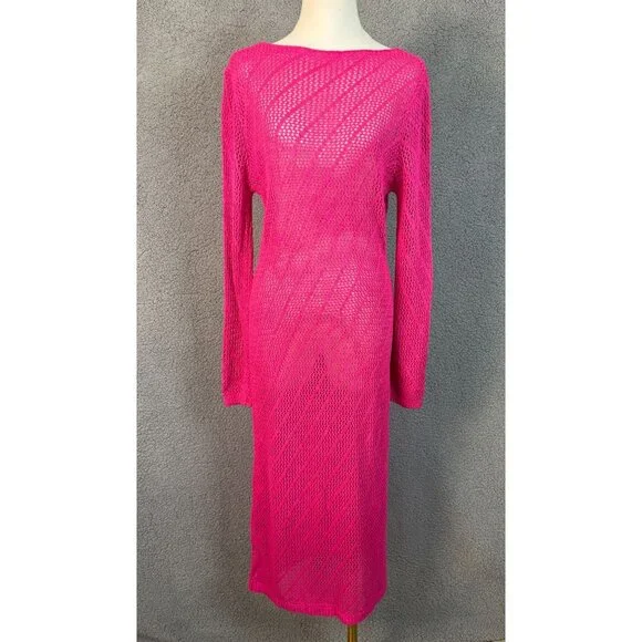 Pink Long Sleeve Crochet Knit Dress Sheer Cover-Up Size Medium New Without Tag's - Picture 1 of 7